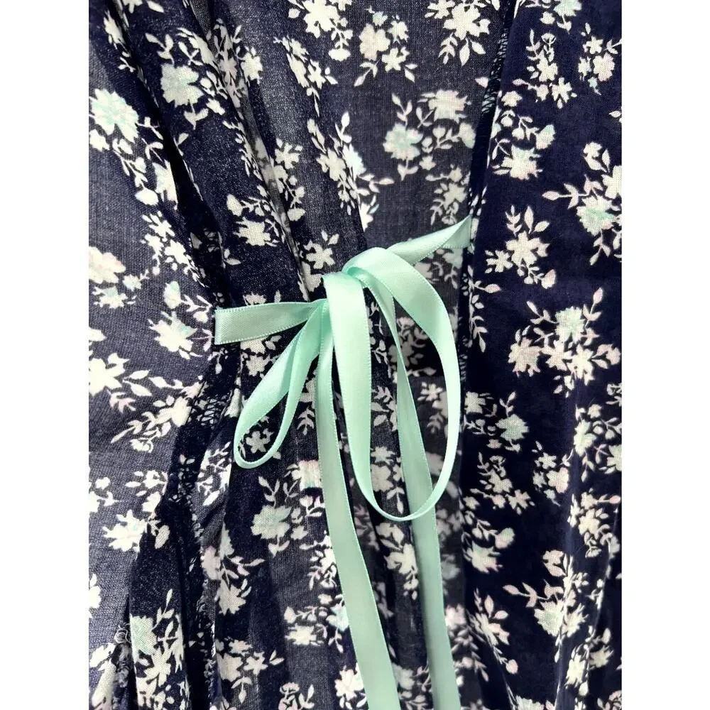 Papinelle Women's Navy Blue Cotton Floral 3/4 Sleeve Sleepwear Robe Size Small